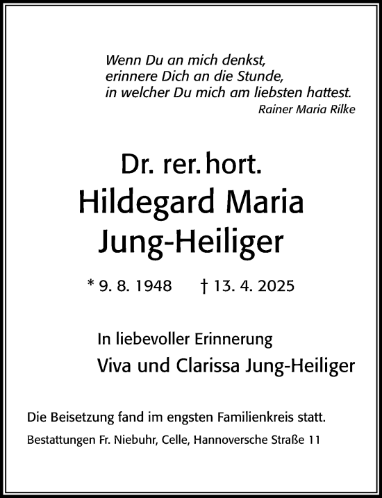 Traueranzeige von Hildegard Maria Jung-Heiliger von Cellesche Zeitung