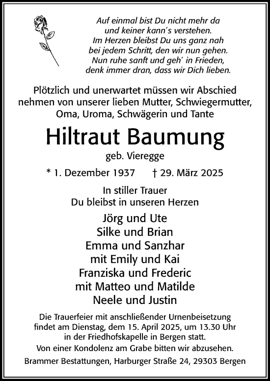 Traueranzeige von Hiltraut Baumung von Cellesche Zeitung