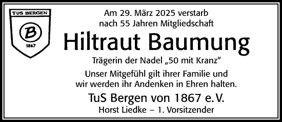 Traueranzeige von Hiltraut Baumung von Cellesche Zeitung