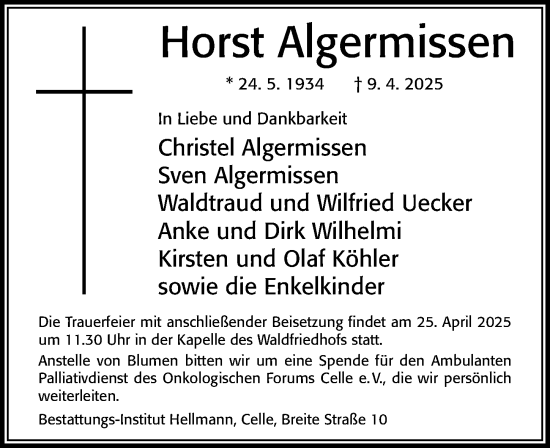 Traueranzeige von Horst Algermissen von Cellesche Zeitung