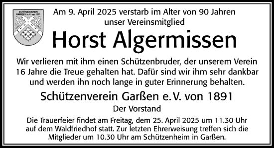Traueranzeige von Horst Algermissen von Cellesche Zeitung
