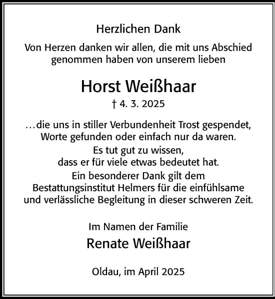 Traueranzeige von Horst Weißhaar von Cellesche Zeitung