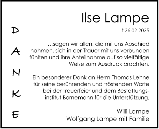 Traueranzeige von Ilse Lampe von Cellesche Zeitung