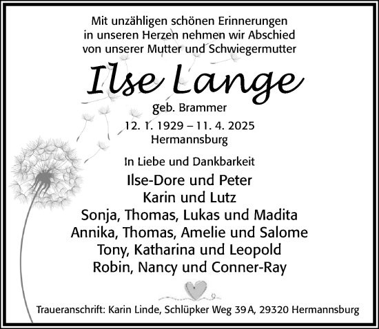 Traueranzeige von Ilse Lange von Cellesche Zeitung