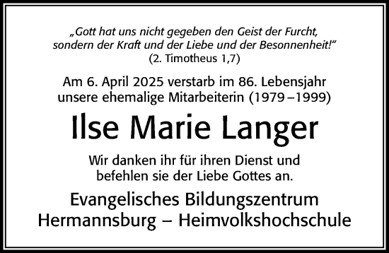 Traueranzeige von Ilse Marie Langer von Cellesche Zeitung