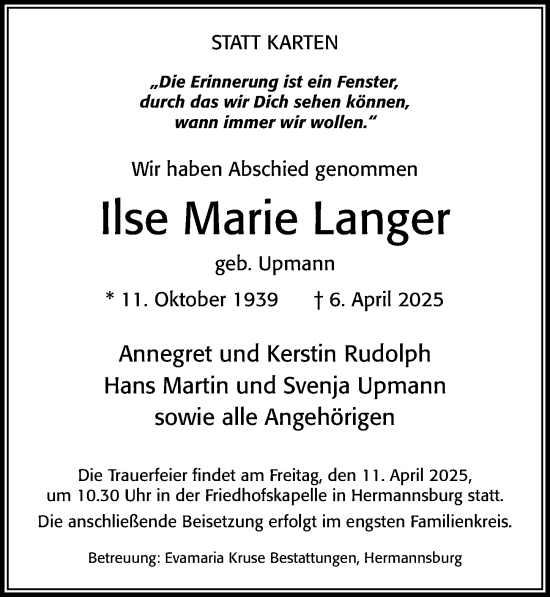 Traueranzeige von Ilse Marie Langer von Cellesche Zeitung