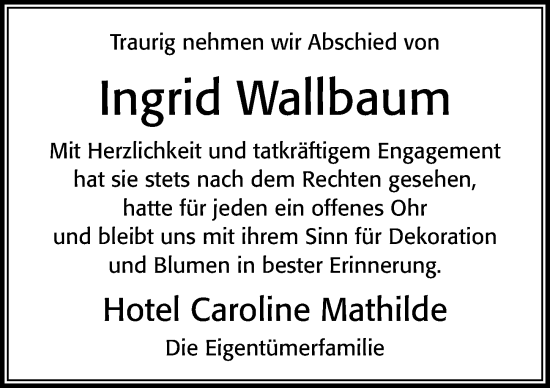 Traueranzeige von Ingrid Wallbaum von Cellesche Zeitung
