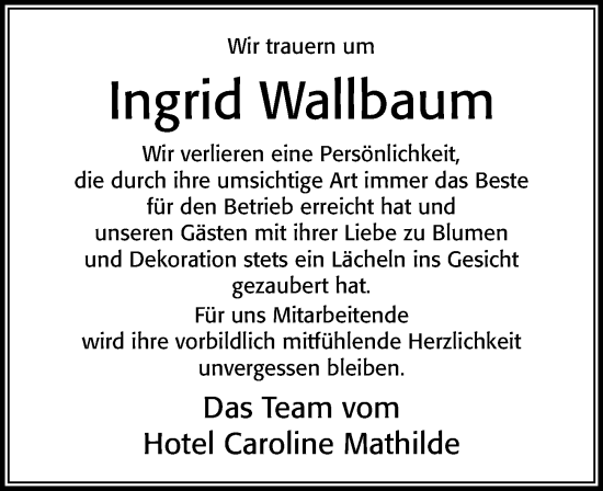 Traueranzeige von Ingrid Wallbaum von Cellesche Zeitung