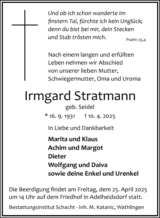 Traueranzeige von Irmgard Stratmann von Cellesche Zeitung