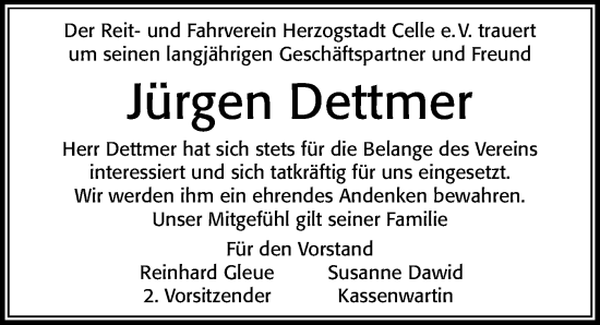 Traueranzeige von Jürgen Dettmer von Cellesche Zeitung