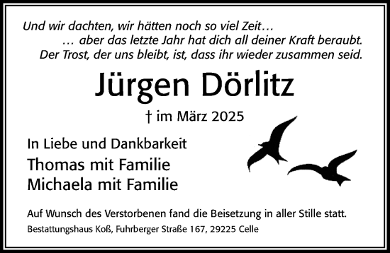 Traueranzeige von Jürgen Dörlitz von Cellesche Zeitung