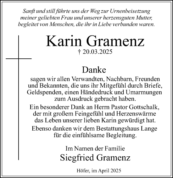 Traueranzeige von Karin Gramenz von Cellesche Zeitung