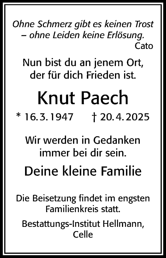 Traueranzeige von Knut Paech von Cellesche Zeitung