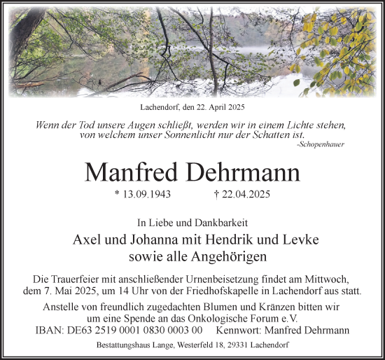 Traueranzeige von Manfred Dehrmann von Cellesche Zeitung