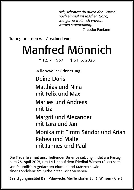 Traueranzeige von Manfred Mönnich von Cellesche Zeitung