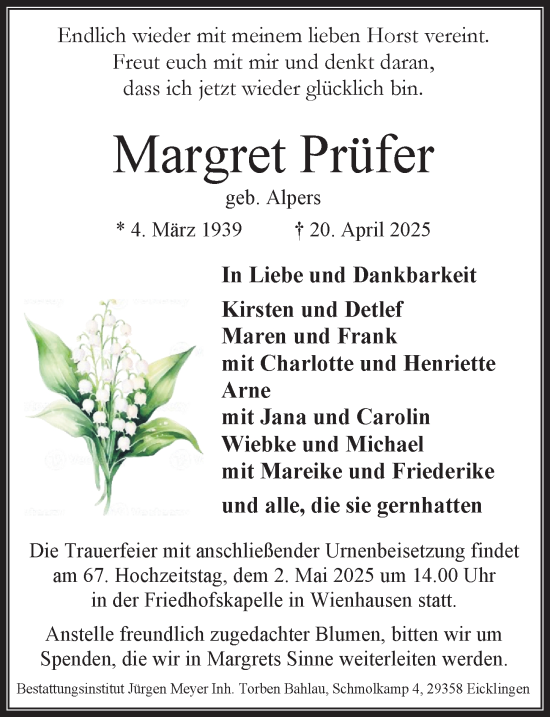 Traueranzeige von Margret Prüfer von Cellesche Zeitung