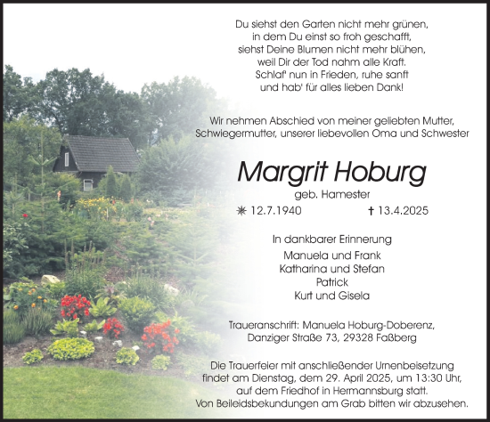 Traueranzeige von Margrit Hoburg von Cellesche Zeitung