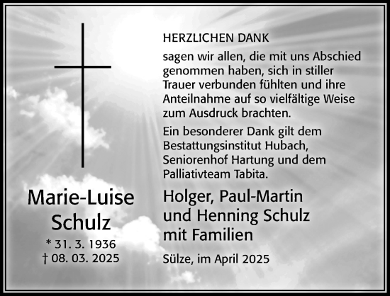 Traueranzeige von Marie-Luise Schulz von Cellesche Zeitung