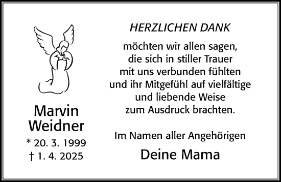 Traueranzeige von Marvin Weidner von Cellesche Zeitung