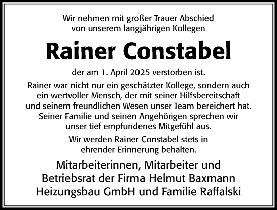Traueranzeige von Rainer Constabel von Cellesche Zeitung