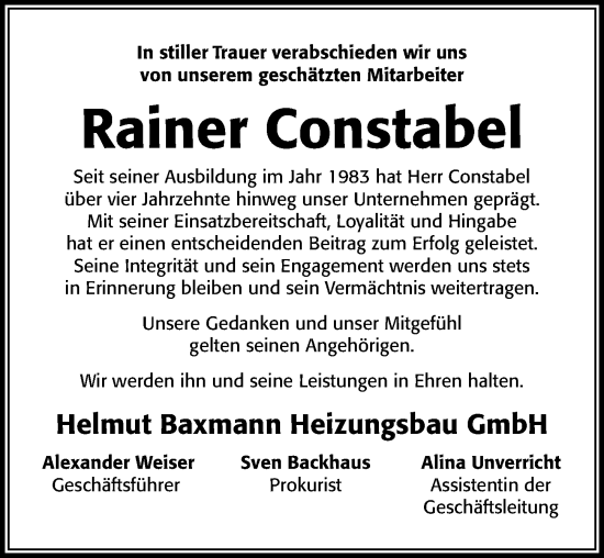 Traueranzeige von Rainer Constabel von Cellesche Zeitung