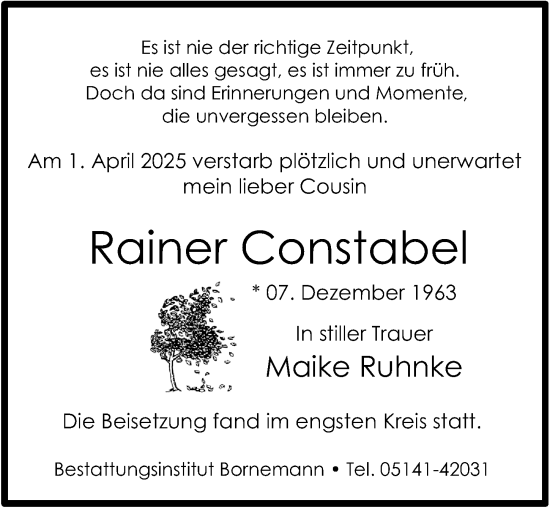 Traueranzeige von Rainer Constabel von Cellesche Zeitung