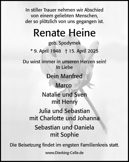 Traueranzeige von Renate Heine von Cellesche Zeitung