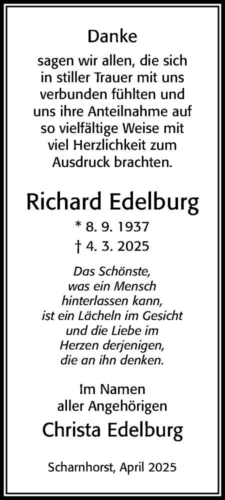 Traueranzeige von Richard Edelburg von Cellesche Zeitung