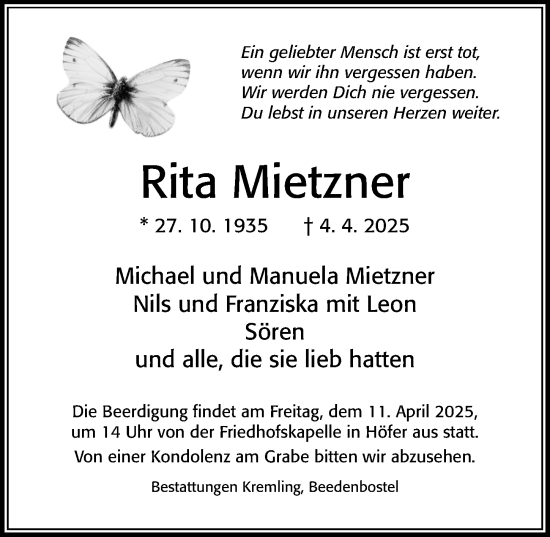 Traueranzeige von Rita Mietzner von Cellesche Zeitung
