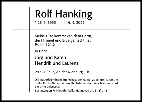 Traueranzeige von Rolf Hanking von Cellesche Zeitung