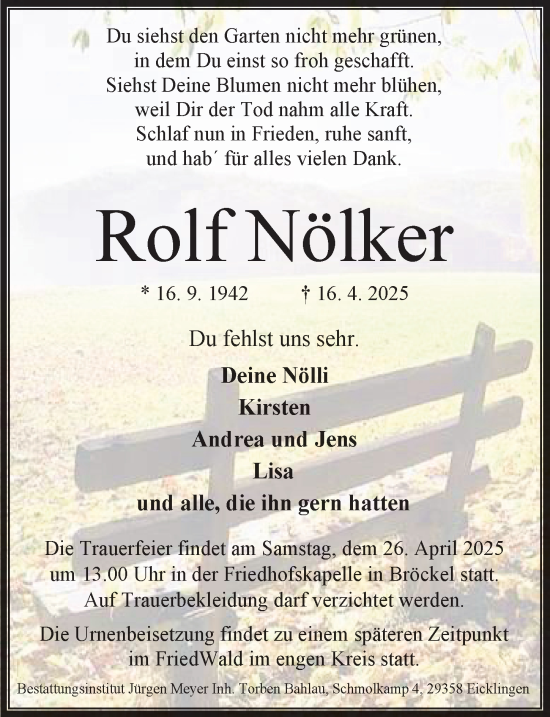 Traueranzeige von Rolf Nölker von Cellesche Zeitung