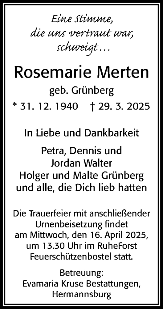 Traueranzeige von Rosemarie Merten von Cellesche Zeitung