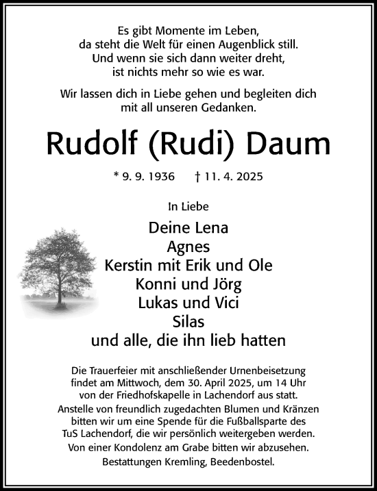 Traueranzeige von Rudolf Daum von Cellesche Zeitung