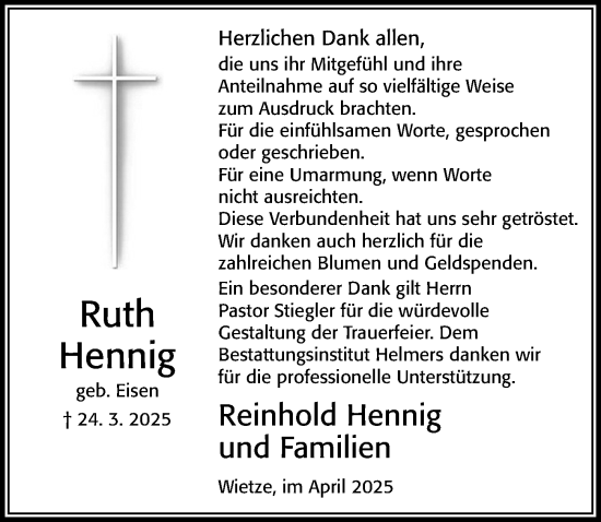Traueranzeige von Ruth Hennig von Cellesche Zeitung