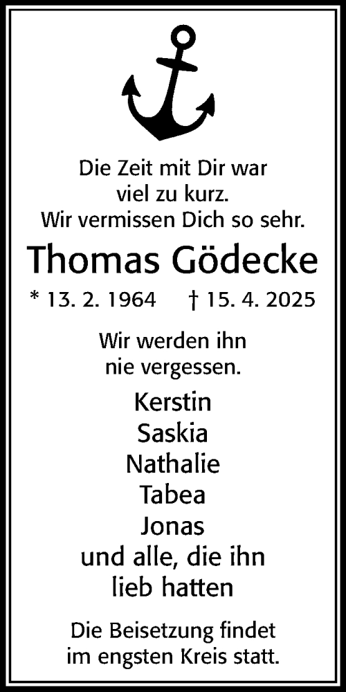 Traueranzeige von Thomas Gödecke von Cellesche Zeitung