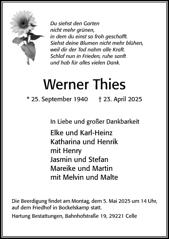Traueranzeige von Werner Thies von Cellesche Zeitung