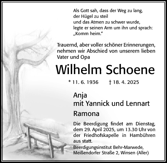 Traueranzeige von Wilhelm Schoene von Cellesche Zeitung