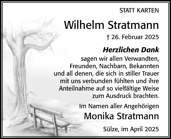 Traueranzeige von Wilhelm Stratmann von Cellesche Zeitung