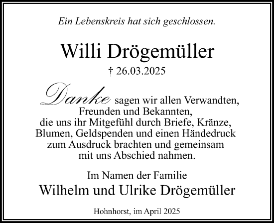 Traueranzeige von Willi Drögemüller von Cellesche Zeitung