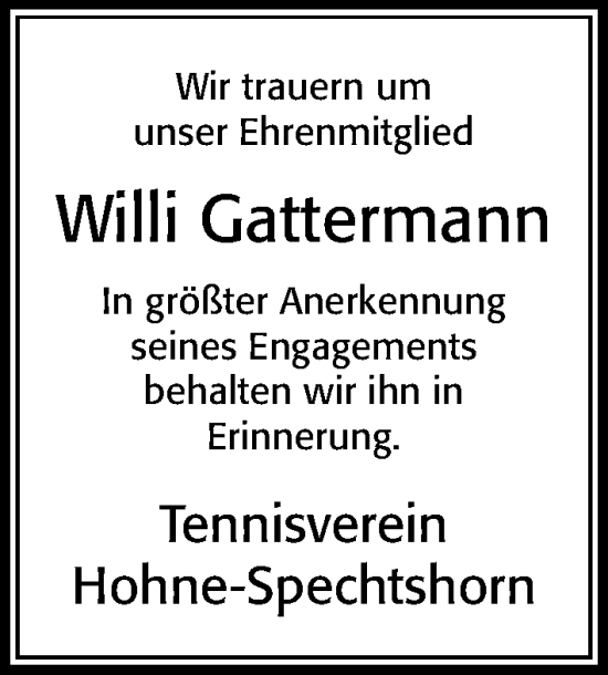 Traueranzeige von Willi Gattermann von Cellesche Zeitung