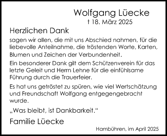 Traueranzeige von Wolfgang Lüecke von Cellesche Zeitung