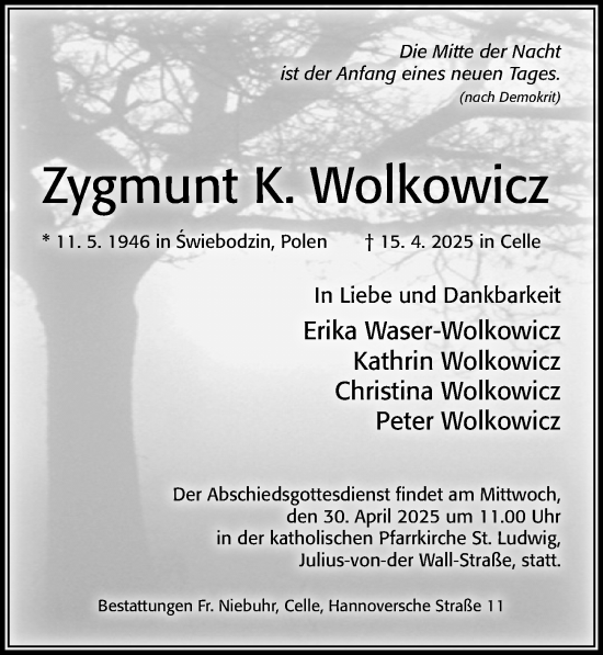 Traueranzeige von Zygmunt K. Wolkowicz von Cellesche Zeitung