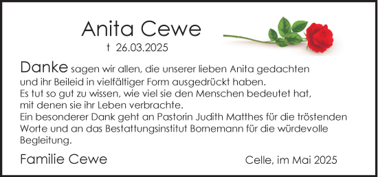 Traueranzeige von Anita Cewe von Cellesche Zeitung