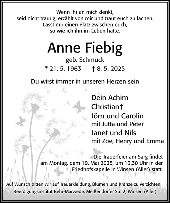 Traueranzeige von Anne Fiebig von Cellesche Zeitung