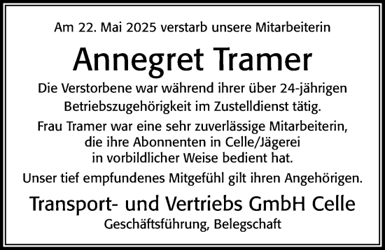Traueranzeige von Annegret Tramer von Cellesche Zeitung