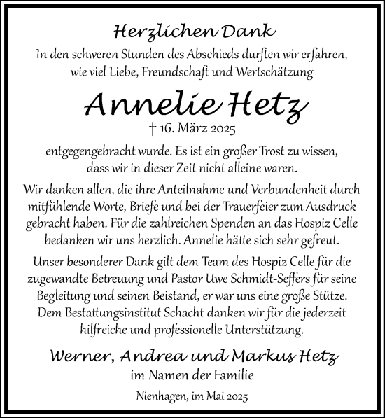 Traueranzeige von Annelie Hetz von Cellesche Zeitung