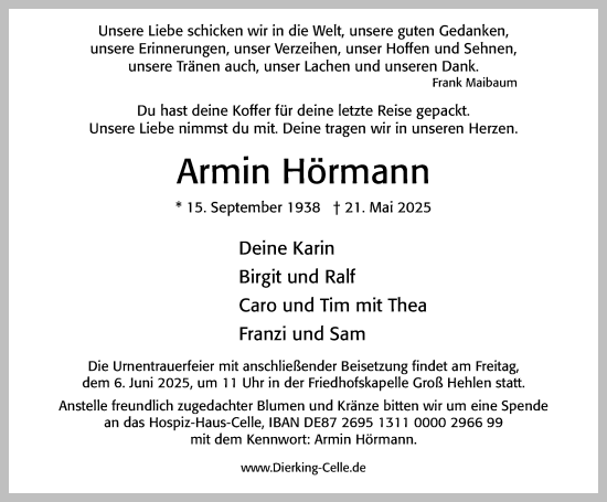 Traueranzeige von Armin Hörmann von Cellesche Zeitung