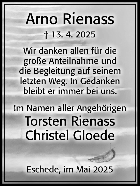 Traueranzeige von Arno Rienass von Cellesche Zeitung