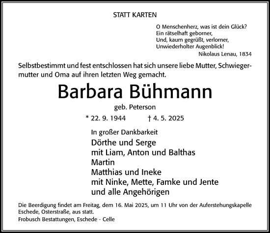 Traueranzeige von Barbara Bühmann von Cellesche Zeitung