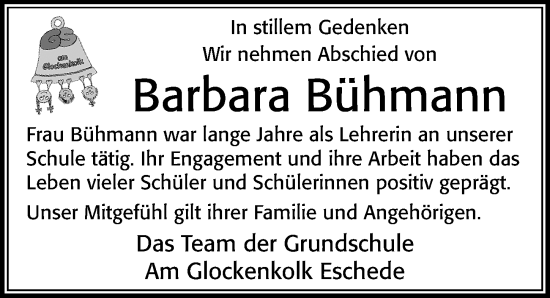 Traueranzeige von Barbara Bühmann von Cellesche Zeitung